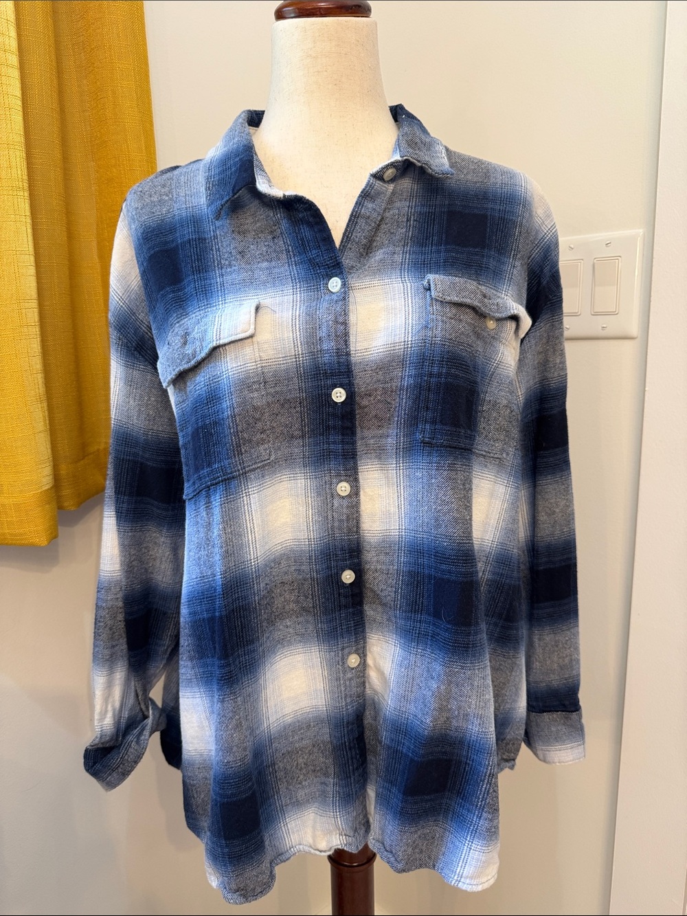 Blue Plaid Button-Up Shirt - Women's Casual Top